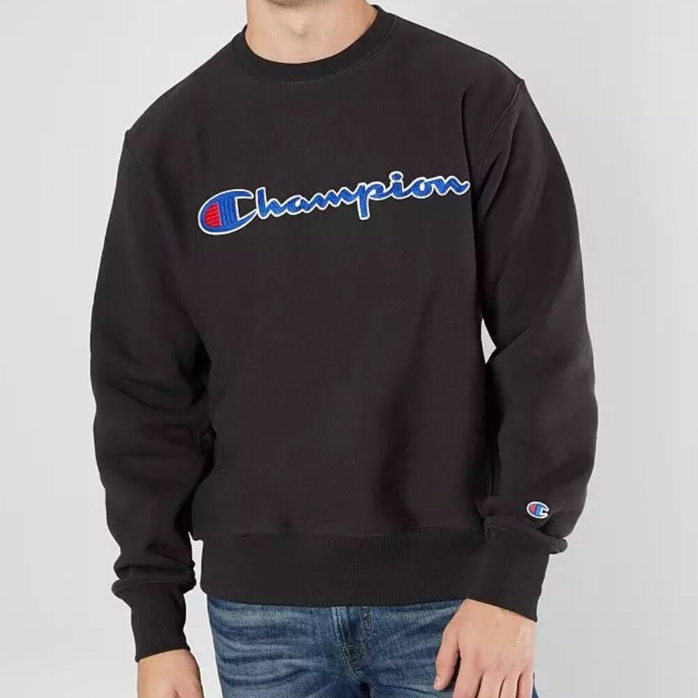 NWOT Champion Classic Script Mens Vintage Logo 90’s Black Crew Neck Sweatshirt